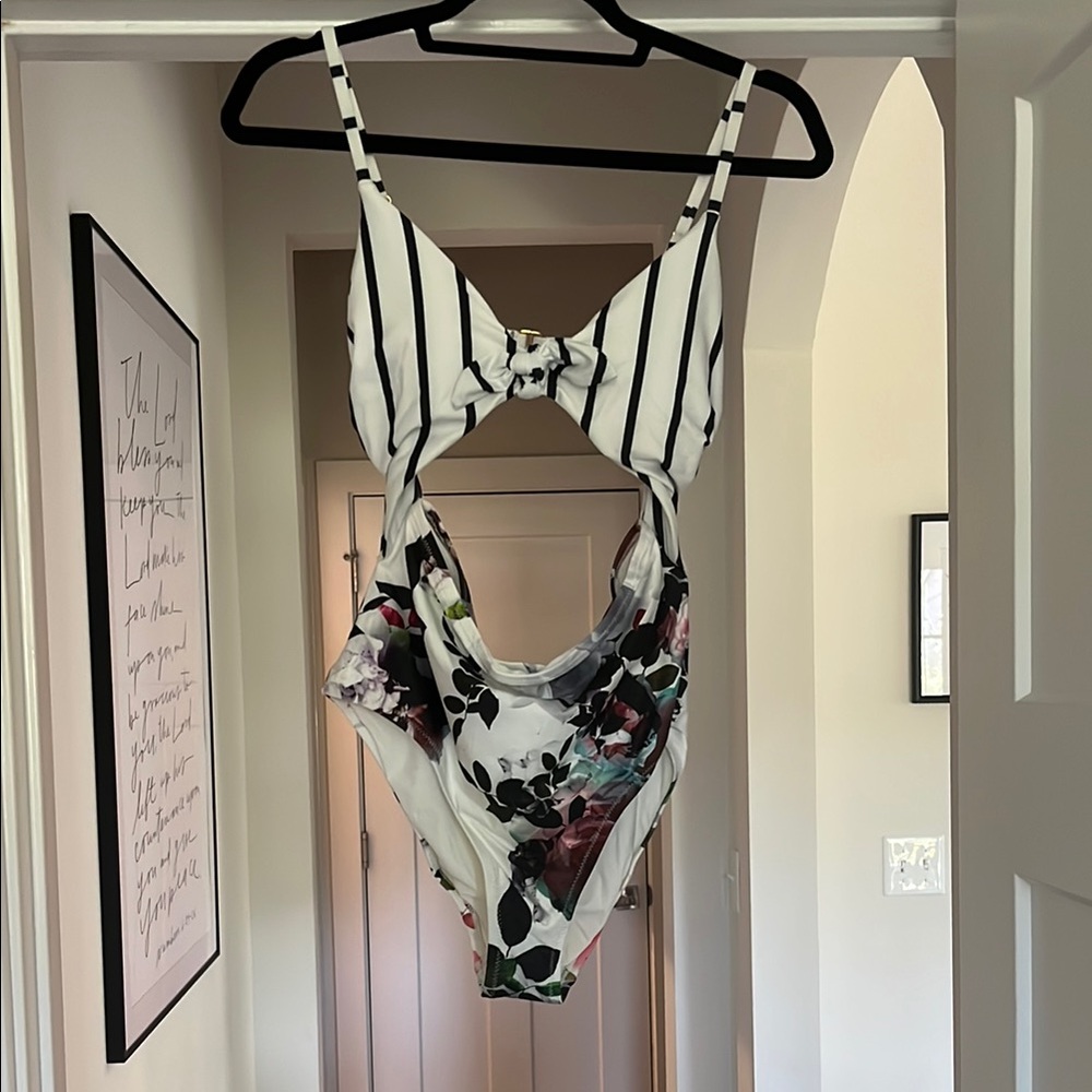 Striped and Floral Cutout Swimsuit